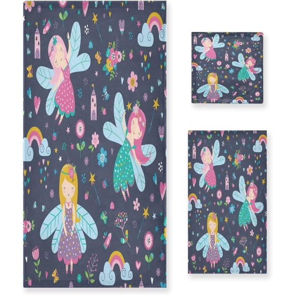 Dreamtimes Cartoon Fairy Towel Set of 3, Highly Absorbent Soft Towels with Bath Towel, Hand Towel and Washcloth for Bathroom Hotel Gym Spa