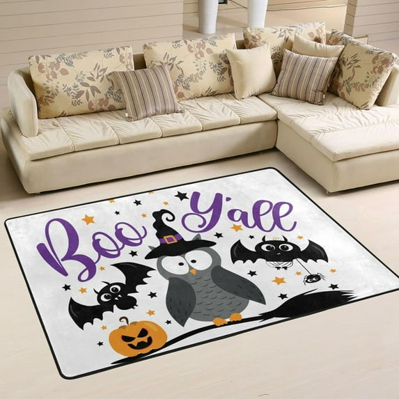 Dreamtimes Cartoon Owl Bats Pumpkin Broom Non-Slip Area Rug Boo Y'all Happy Halloween Floor Carpet Comfort Floor Mats Decor for Indoor Front Porch,Living Room, Bedroom,Kitchen (36x24")