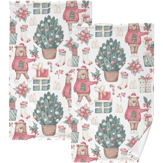 Dreamtimes Cartoon Winter Bears Patterned Hand Towels 2 PCS, Cotton Bath Towel for Drying Face Hands Body Decorative Water Absorbent Lightweight Towels for Bathroom Ktichen Travel Gym,16"x28"