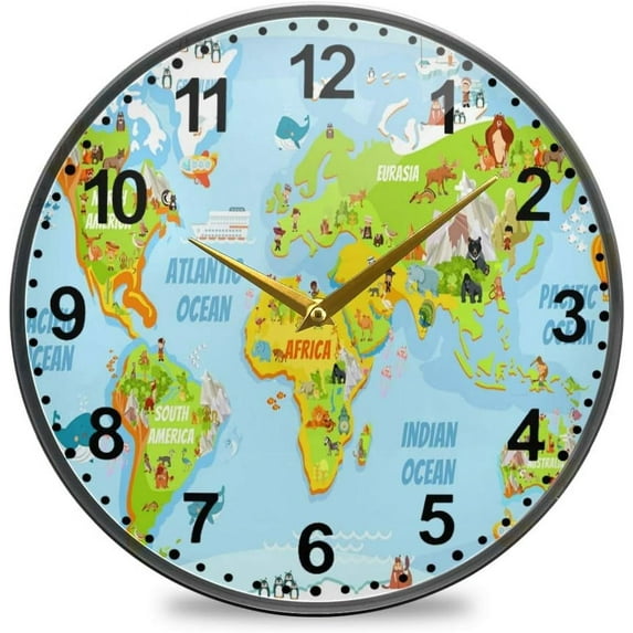 Dreamtimes Cartoon World Map with Funny Animals Pattern Wall Clock Silent Non Ticking 12 Inch Round Easy to Read for Home Office School Clock