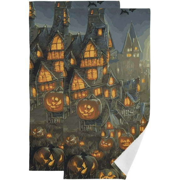 Dreamtimes Castle Jack-o'-Lantern Hand Towels 2 PCS, Ultra Soft and Highly Absorbent, Halloween Night Decorative Fingertip Towel for Home, Bathroom, Kitchen, 28.3"x14.4"