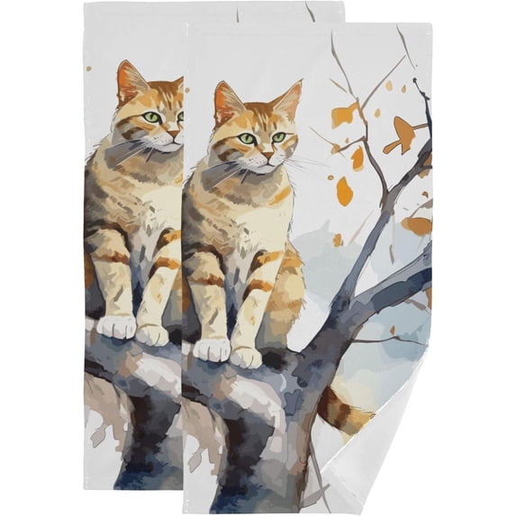 Dreamtimes Cat Autumn Tree Dish Towels Kitchen Towel 2 PCS, Animals Hand Towels Ultra Soft and Highly Absorbent,Decorative Fingertip Face Towel for Bathroom Hotel, 28.3"x14.4"
