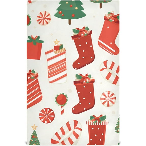 Dreamtimes Christmas Candies Stockings Trees Kitchen Towel, Dish Towels Quick Drying Tea Towels Absorbent Hand Towels for Kitchen Sink Dinner Table 28 x 18 Inches, Set of 1