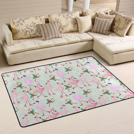 Dreamtimes Christmas Flamingo Non-Slip Area Rug 36"x24", Winter Holiday Floor Carpet Comfort Floor Mats Decor for Indoor Front Porch,Living Room, Bedroom,Kitchen