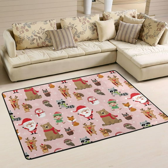 Dreamtimes Christmas Forest Animals Non-Slip Area Rug 72"x48", Happy Santa Claus Soft Non Slip Washable Floor Mats for Indoor Front Porch,Living Room, Bedroom,Kitchen