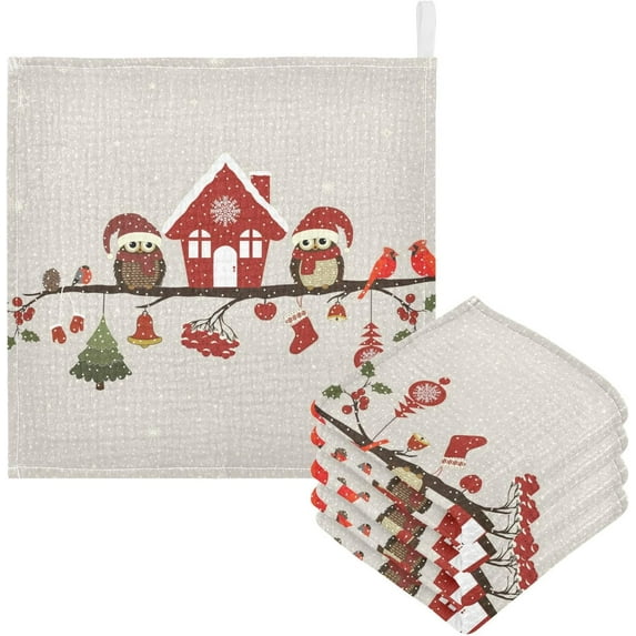 Dreamtimes Christmas Owls Baby Muslin Washcloths Face Towel, Winter Burp Cloths Cotton Wipes 5 PCS Infant Wash Cloth for Newborn Boys Girls 12x12 inches
