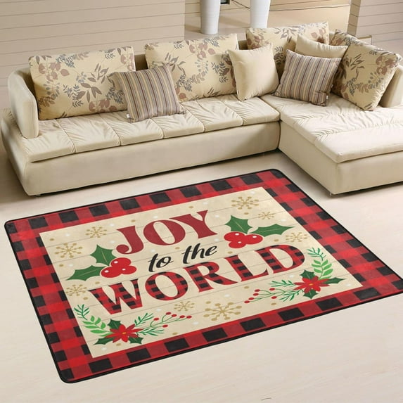 Dreamtimes Christmas Red Plaid Non-Slip Area Rug 72"x48", Joy to The World Soft Non Slip Washable Floor Mats for Indoor Front Porch,Living Room, Bedroom,Kitchen