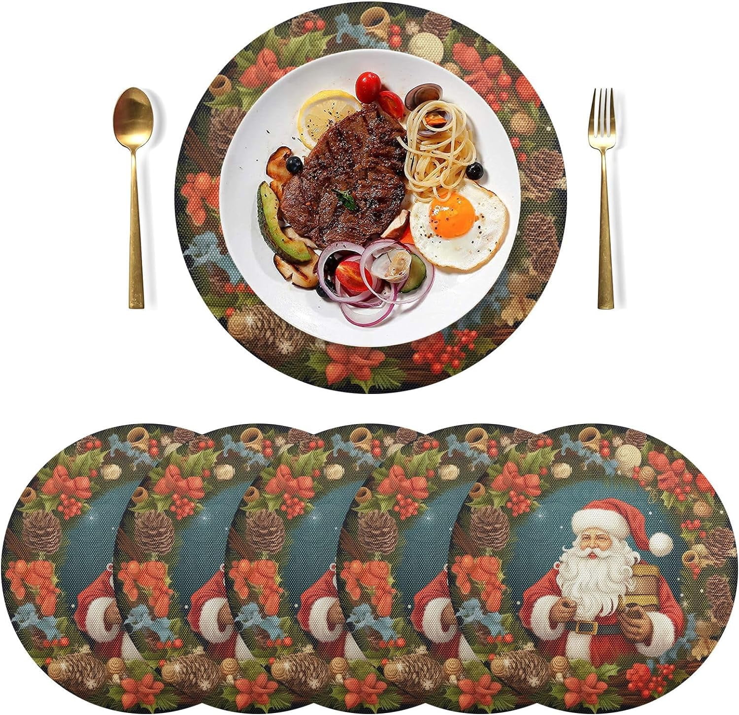 Red Xmas Trees Vinyl Christmas Placemats Set Of 6, 12x18 Inch Washable Plastic Non-Slip Woven Winter Table Mats For Party Kitchen Dining Decor