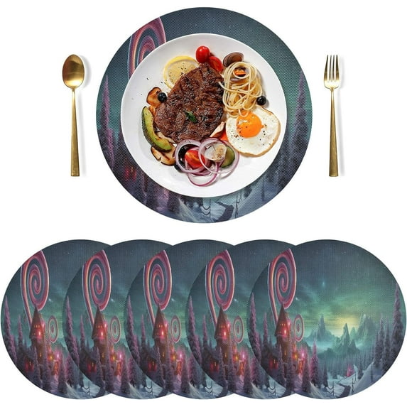 Dreamtimes Christmas Tree and Candy Placemats Set of 6 Non-Slip Heat Resistant Dining Table Place Mats Washable Kitchen PVC Weave Table Mats