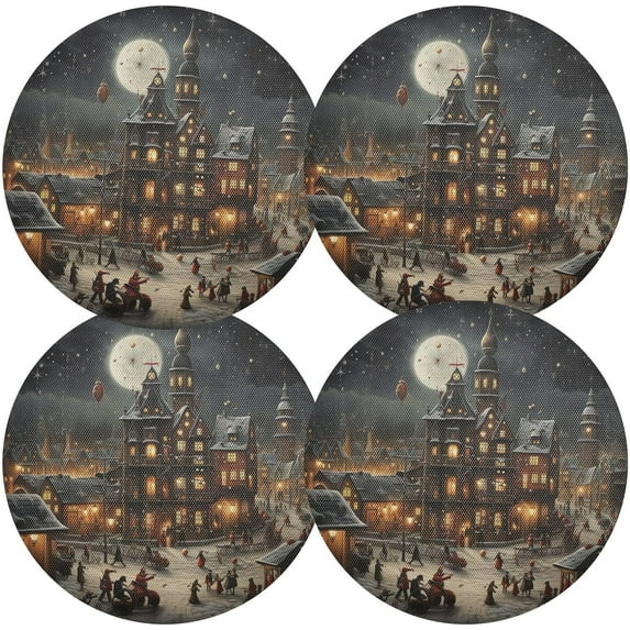 Dreamtimes Christmas Village Party Night Placemats Set of 4 Non-Slip Heat Resistant Dining Table Place Mats Washable Kitchen PVC Weave Table Mats