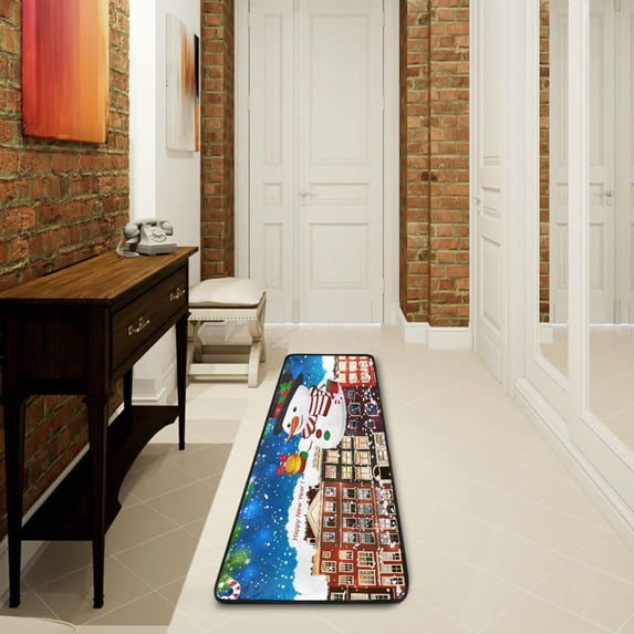 Dreamtimes Christmas Winter Snowman Hallway Runner Rug 2'x6' Kitchen Rug with Rubber Backing Snow-Covered Streets Non Slip Entryway Rug Runner Washable Soft Area Rug for Hallway Bedroom Kitchen Decor