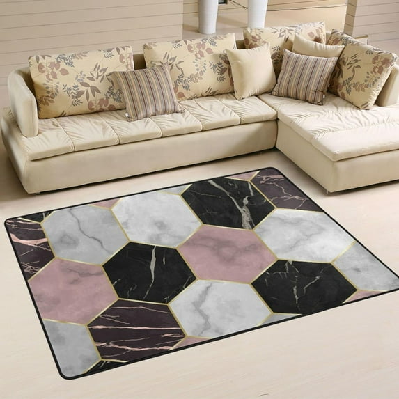 Dreamtimes Colorful Hexagonal Marble Area Rug, 36"x24" Luxurious Abstract Non-Slip Washable Indoor Door Mat, Absorbent Floor Mat for Bedroom Kitchen Entryway Bathroom