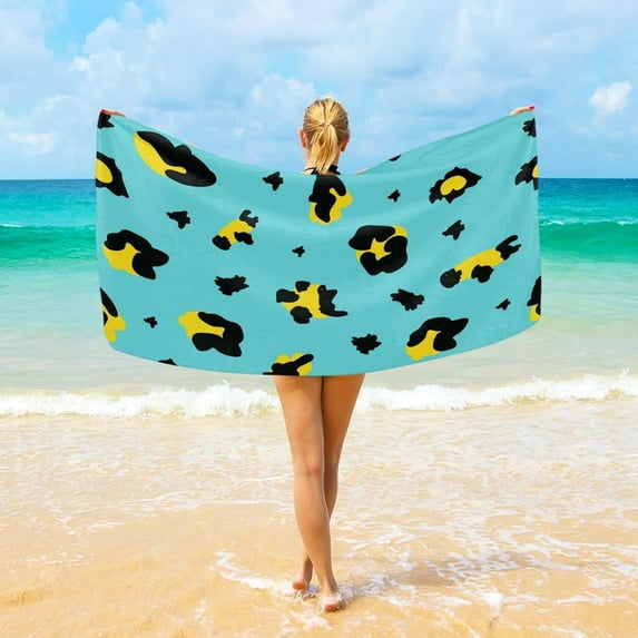 Dreamtimes Colorful Teal and Yellow Leopard Beach Towel Microfiber, 31"x 71" Large Quick Dry Travel Towel Beach Blanket for Women Men Travel Swim Camping Holiday