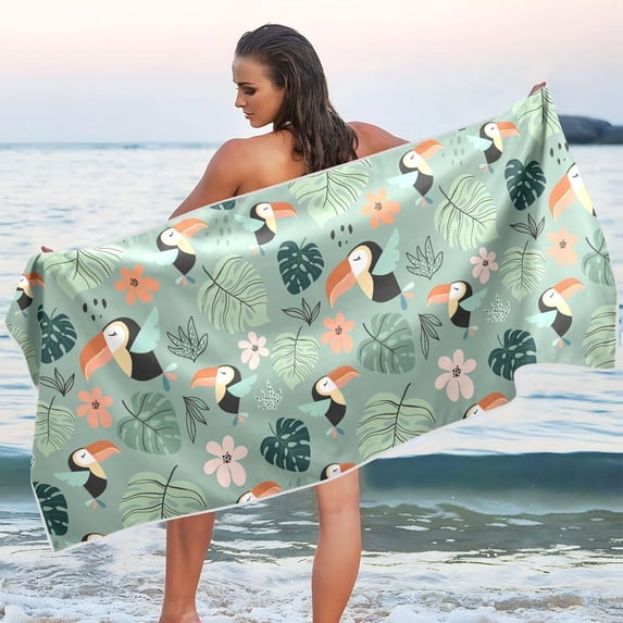 Dreamtimes Colorful Toucan and Palm Leaf Beach Towel Quick Dry Absorbent Bath Towels Sandproof Lightweight Towel for Gym Yoga Sports Swimming 31x71in