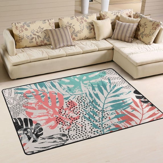 Dreamtimes Colorful Tropical Palm Leaves Area Rug 72x48in Artistic Leaves Pattern Non-Slip Floor Carpet Comfort Floor Mats Decor for Indoor Living Dining Room and Bedroom Area