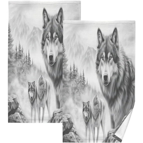 Dreamtimes Cool Wolf Cotton Towel Set 2PCS,Quick Drying Bath Towels,Soft and Breathable Hand Towel WashCloths for Kitchen,Bathroom,Gym,Beach