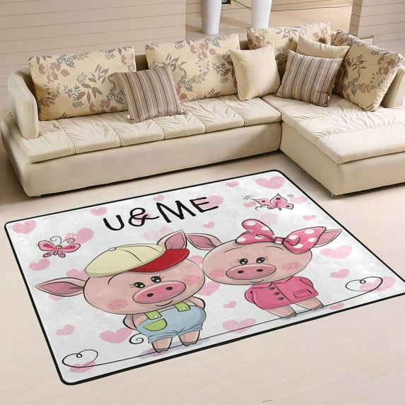 Dreamtimes Couple Cute Piglets Non-Slip Area Rug 36"x24", Sweet Valentines Day Floor Carpet Comfort Floor Mats Decor for Indoor Front Porch,Living Room, Bedroom,Kitchen