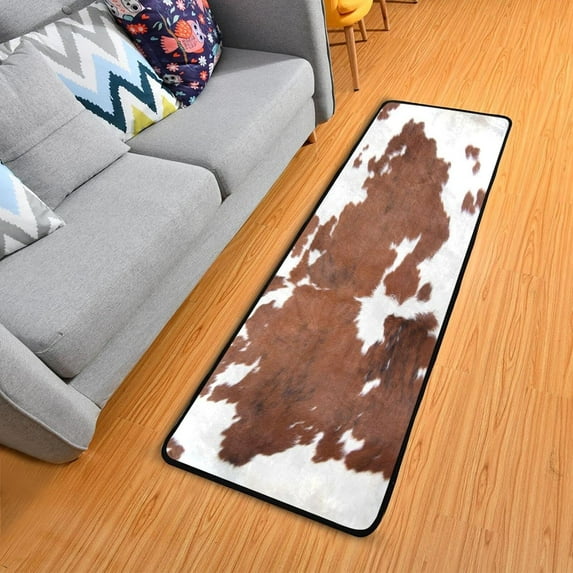Dreamtimes Cowhide Skin Feather Hallway Runner Rug 2'x6' Kitchen Rug with Rubber Backing Brown Cow Animal Non Slip Entryway Rug Runner Washable Soft Area Rug for Hallway Bedroom Kitchen Decor