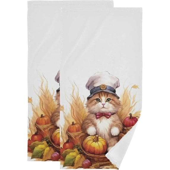 Dreamtimes Cute Autumn Cat Hand Towels 2 PCS, Ultra Soft and Highly Absorbent, Thanksgiving Pumpkin Decorative Fingertip Towel for Home, Bathroom, Kitchen, 28.3"x14.4"