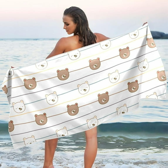 Dreamtimes Cute Bear Beach Towel Quick Dry Absorbent Bath Towels Sandproof Lightweight Towel for Gym Yoga Sports Swimming 31x71in