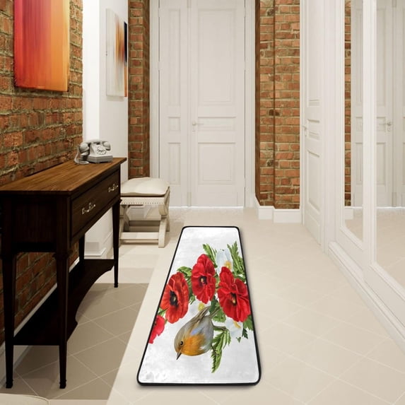 Dreamtimes Cute Bird Red Poppies Hallway Runner Rug 2'x6' Kitchen Rug with Rubber Backing White Anemones Flowers Non Slip Entryway Rug Runner Washable Soft Area Rug for Hallway Bedroom Kitchen Decor