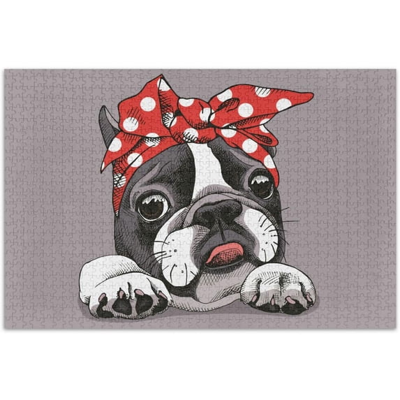 Dreamtimes Cute Buldog with Vintage Bow 1000 Piece Jigsaw Puzzle, Wall Artwork Puzzle Games for Adults Teens 29.5" L X 19.7" W