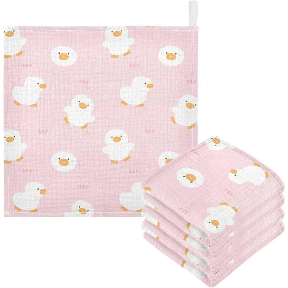 Dreamtimes Cute Cartoon Duck Pink Baby Muslin Washcloths Face Towel, 3 PCS Burp Cloths Cotton Wipes Infant Wash Cloth for Newborn Boys Girls 12x12 inches