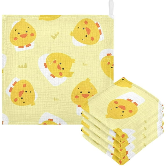 Dreamtimes Cute Chicken Duck Pattern Baby Muslin Washcloths Face Towel, Yellow Cartoon Burp Cloths Cotton Wipes 5 PCS Infant Wash Cloth for Newborn Boys Girls 12x12 inches