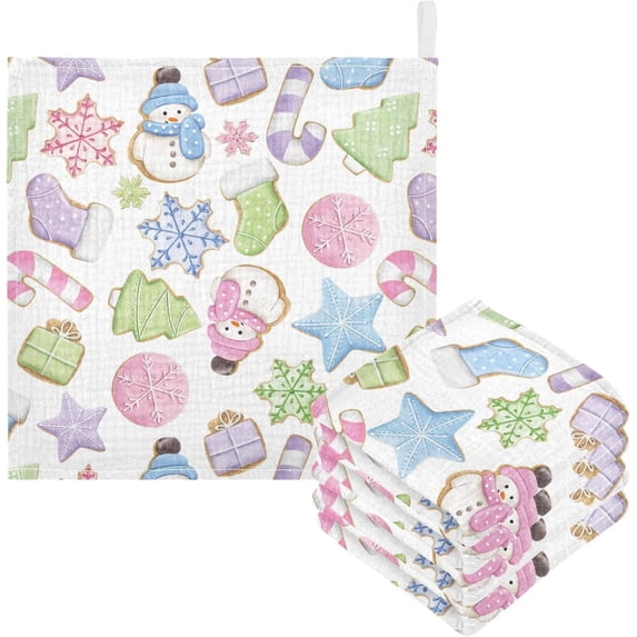 Dreamtimes Cute Colored Gingerbread Cookies Baby Muslin Washcloths Face Towel, Christmas Snowman Burp Cloths Cotton Wipes 5 PCS Infant Wash Cloth for Newborn Boys Girls 12x12 inches