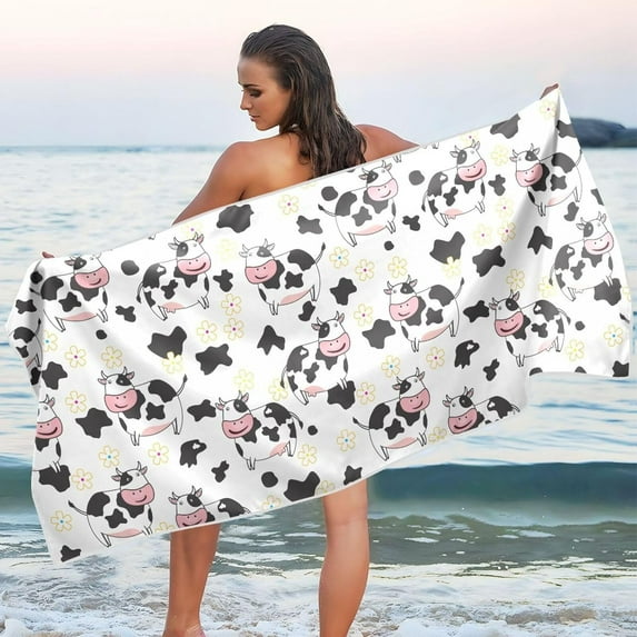 Dreamtimes Cute Cow Beach Towel Quick Dry Absorbent Bath Towels Sandproof Lightweight Towel for Gym Yoga Sports Swimming- 30x60in
