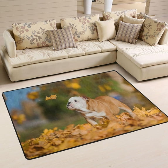 Dreamtimes Cute Fall Bulldog Area Rug 36x24in Yellow Maple Leaf Non-Slip Floor Carpet Comfort Floor Mats Decor for Indoor Living Dining Room and Bedroom Area