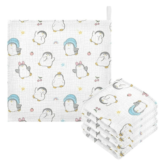 Dreamtimes Cute Little Penguin Baby Muslin Washcloths Face Towel, Cartoon Strawberry Burp Cloths Cotton Wipes 5 PCS Infant Wash Cloth for Newborn Boys Girls 12x12 inches