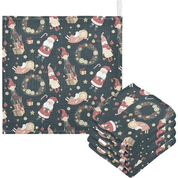 Dreamtimes Cute Merry Christmas Baby Muslin Washcloths Face Towel, Gingerbread Santa Gift Burp Cloths Cotton Wipes 5 PCS Infant Wash Cloth for Newborn Boys Girls 12x12 inches