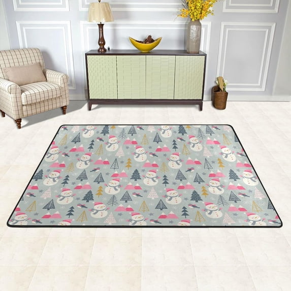 Dreamtimes Cute Pink Snowman Non-Slip Area Rug Pine Tree Floor Carpet Comfort Floor Mats Decor for Indoor Front Porch,Living Room, Bedroom,Kitchen, 36"x24"