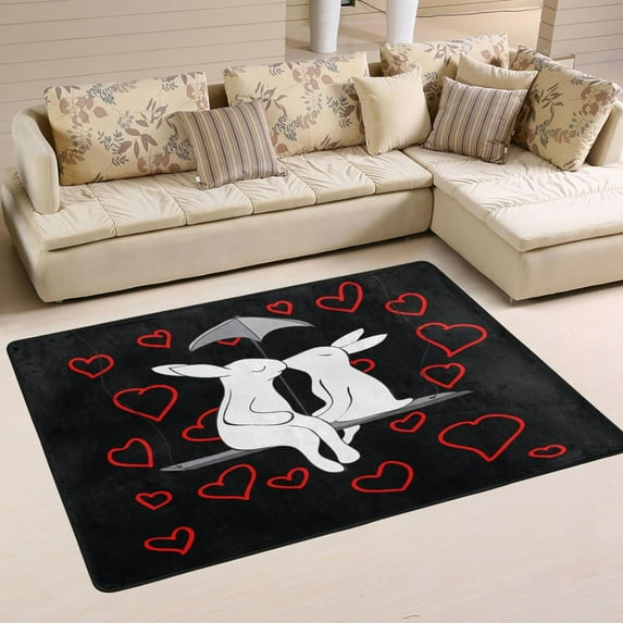 Dreamtimes Cute Rabbits Couples Non-Slip Area Rug 36"x24", Red Hearts Valentines Floor Carpet Comfort Floor Mats Decor for Indoor Front Porch,Living Room, Bedroom,Kitchen