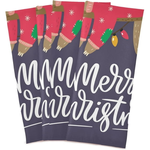 Dreamtimes Cute Sloth Merry Christmas Kitchen Towels Set of 4 Dishcloths Hand Towels Tea Towels Ultra Absorbent for Cleaning Washing Drying Dishes Tableware 28'' x 18''