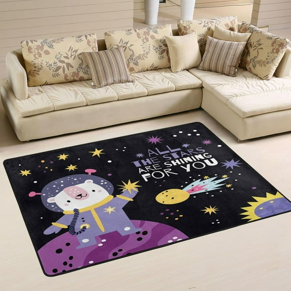 Dreamtimes Cute Space Animals Quote Area Rug 72 x48in Outer Space Bear Non-Slip Floor Carpet Comfort Floor Mats Decor for Indoor Living Dining Room and Bedroom Area