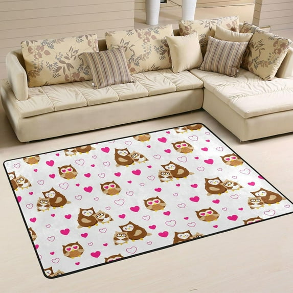 Dreamtimes Cute Valentine's Owls Non-Slip Area Rug 36"x24", Pink Hearts Romantic Floor Carpet Comfort Floor Mats Decor for Indoor Front Porch,Living Room, Bedroom,Kitchen