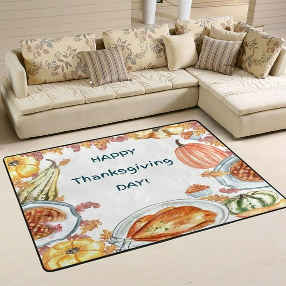 Dreamtimes Day Turkey Area Rug 72x48in Pumpkin Fall Watercolor Non-Slip Floor Carpet Comfort Floor Mats Decor for Indoor Living Dining Room and Bedroom Area