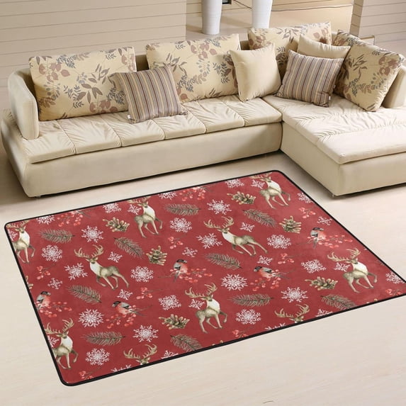 Dreamtimes Deer Bullfinches Non-Slip Area Rug 36"x24", Winter Wild Animal Floor Carpet Comfort Floor Mats Decor for Indoor Front Porch,Living Room, Bedroom,Kitchen