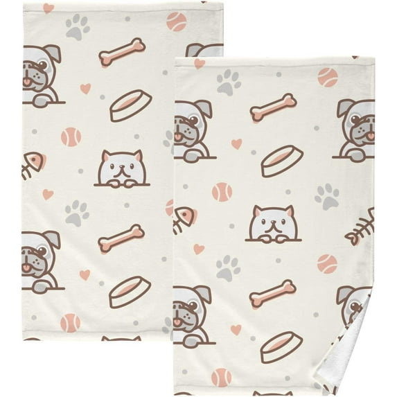 Dreamtimes Dog's Meal Patterned Hand Towels 2 PCS, Cotton Bath Towel for Drying Face Hands Body Decorative Water Absorbent Lightweight Towels for Bathroom Ktichen Travel Gym,16"x28"