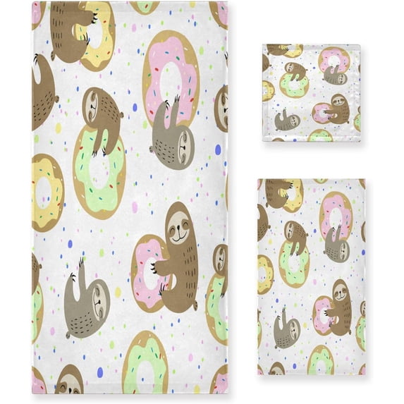 Dreamtimes Donut Sloth Towel Set of 3, Highly Absorbent Soft Towels with Bath Towel, Hand Towel and Washcloth for Bathroom Hotel Gym Spa
