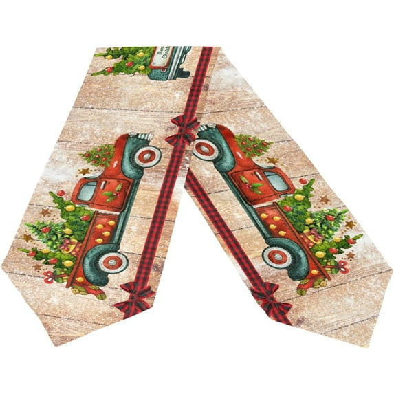 Dreamtimes Double Sided Christmas Truck Long Polyester Table Runner 13 x 70 Inches Christmas Tree Table Cloth Cover Placemats for Kitchen Dinning Living Holiday Wedding Party Decor