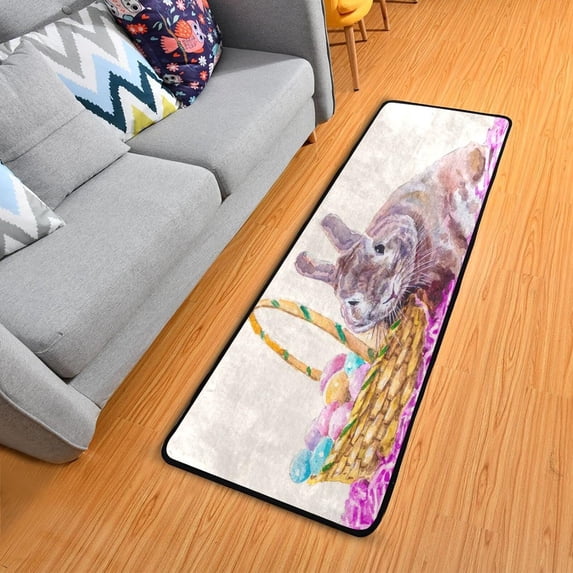 Dreamtimes Easter Bunny Hallway Runner Rug 2'x6' Kitchen Rug with Rubber Backing Colorful Eggs Watercolor Non Slip Entryway Rug Runner Washable Soft Area Rug for Hallway Bedroom Kitchen Decor