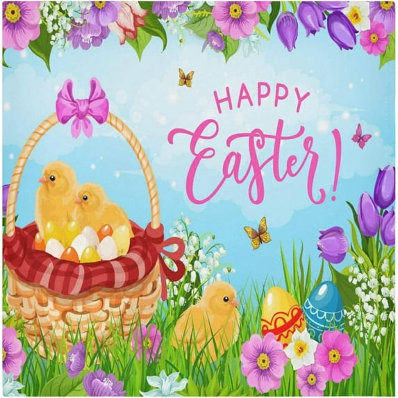 Dreamtimes Easter Cloth Napkins 1PCS,Happy Easter Cute Chicks and Flowers Soft and Skin Friendly Dinner Napkins Washable for Dinner, Hotel,Reunion,BBQ Party