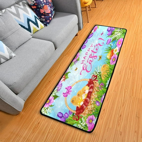 Dreamtimes Easter Eggs Chicks Hallway Runner Rug 2'x6' Kitchen Rug with Rubber Backing Spring Flowers Basket Non Slip Entryway Rug Runner Washable Soft Area Rug for Hallway Bedroom Kitchen Decor