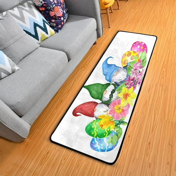 Dreamtimes Easter Gnomes Hallway Runner Rug 2'x6' Kitchen Rug with Rubber Backing Colored Eggs Flowers Non Slip Entryway Rug Runner Washable Soft Area Rug for Hallway Bedroom Kitchen Decor