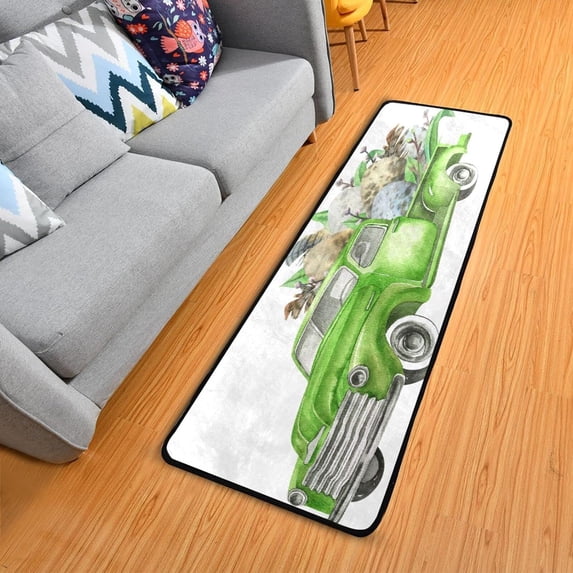Dreamtimes Easter Retro Truck Hallway Runner Rug 2'x6' Kitchen Rug with Rubber Backing Eggs Feathers Floral Non Slip Entryway Rug Runner Washable Soft Area Rug for Hallway Bedroom Kitchen Decor