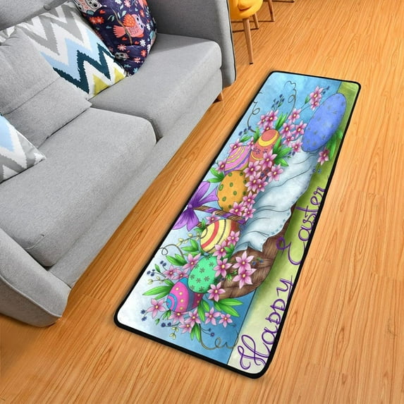 Dreamtimes Easter Wicker Basket Hallway Runner Rug 2'x6' Kitchen Rug with Rubber Backing Colored Eggs Non Slip Entryway Rug Runner Washable Soft Area Rug for Hallway Bedroom Kitchen Decor