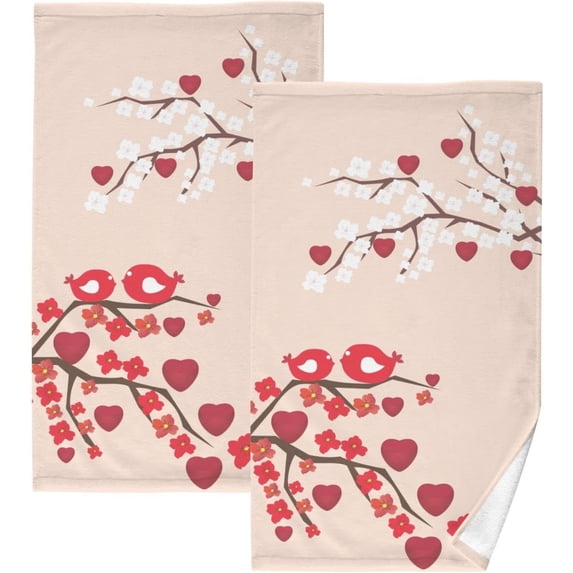 Dreamtimes Face Hand Towel Set Branches Hearts Flowers Birds Cotton Washcloths, Quick-Dry Highly Absorbent Bath Towel- Pack of 2